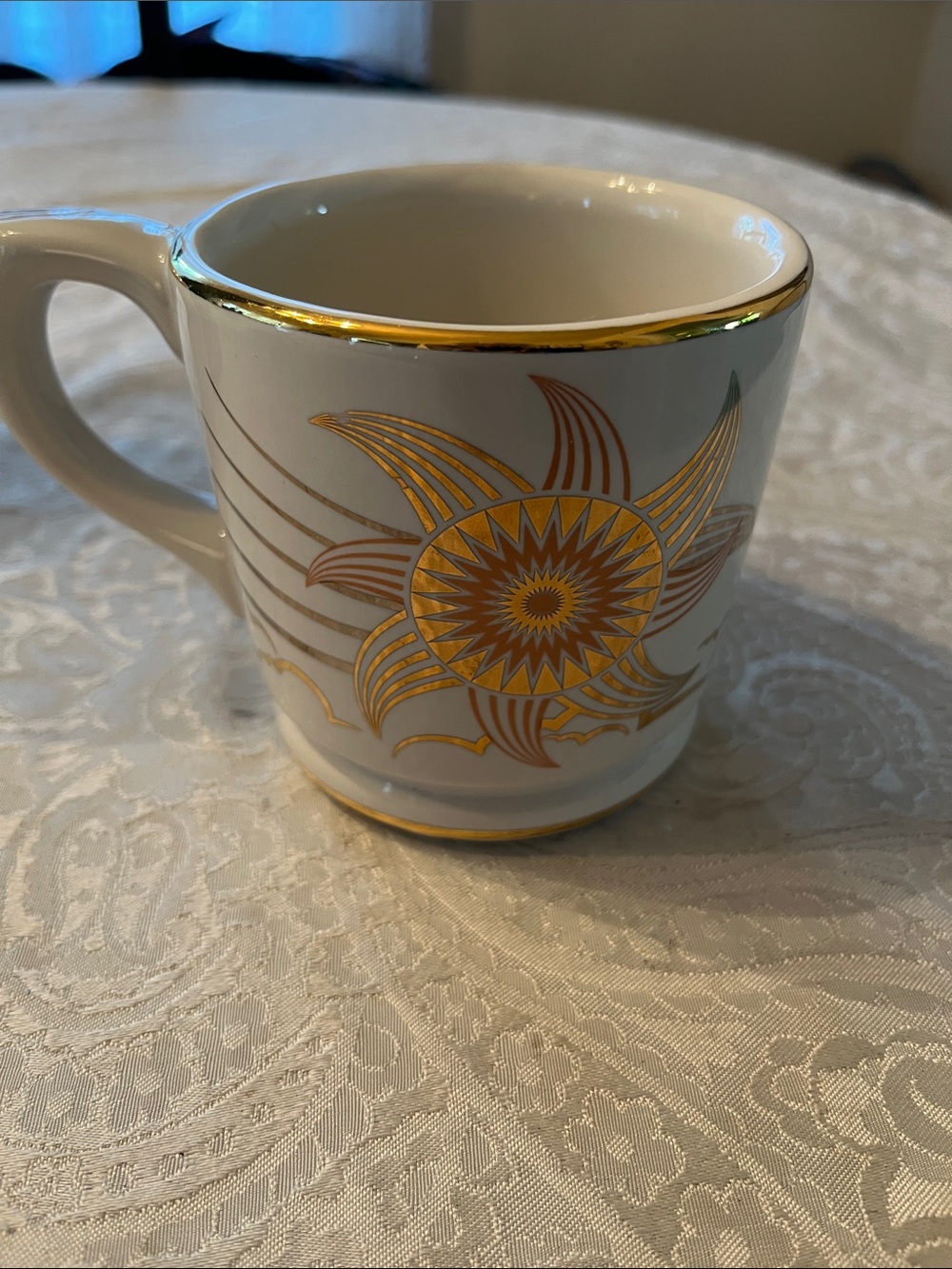 Anthropologie White Ceramic Mug with Gold Sunburst Accents MG 2018